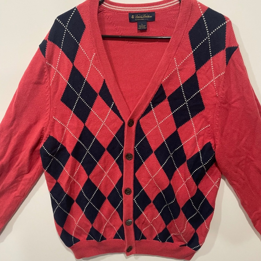 Brooks Brothers Mens Argyle Cardigan Sweater Red Navy White Classic Wool Blend L - Picture 3 of 8